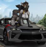 2017 absurd_res all_fours anthro areola big_breasts black_hair black_nipples black_sclera breasts canid canine car chevrolet city clothed clothing deity demon digital_media_(artwork) ear_piercing erect_nipples facial_piercing female hair hi_res long_hair mammal nipples on_car on_hood piercing red_eyes robyn_paperdoll saiya_darkfire shaded smaller_version_at_source solo topless vehicle