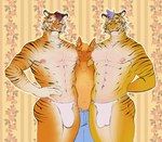 2024 abs anthro anthro_on_anthro areola barazoku biceps big_bulge big_muscles bottomwear bulge clothed clothing domestic_cat ear_piercing ear_ring eyes_closed felid feline felis fur group hair hand_on_hip hi_res hug looking_at_viewer male male/male mammal manwiched muscular muscular_anthro muscular_male navel nipples pantherine pants pattern_background pecs piercing poskapaints ring_piercing sandwiched simple_background size_difference smile standing thong thong_only tiger topless topless_anthro topless_male trio tuft underwear underwear_only wallpaper_(decoration) whiskers