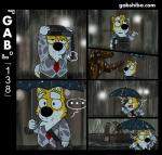 canid canine canis comic dialogue domestic_dog ellipsis fountain fur gab_(comic) gab_shiba gabshiba male mammal necktie pictographics raining sculpture shiba_inu spitz statue umbrella wet white_body white_fur yellow_body yellow_fur