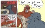 attack bald blood bodily_fluids empty_eyes english_text feral godzilla godzilla_(series) group hi_res king_kong male mammal monsterverse primate ruubeszdraws shedding shedding_skin skar_king sound_effects speech_bubble text toho trio whip