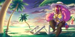 2019 2:1 artist_name beach beverage big_breasts bikini breasts clothed clothing cloud container cup day digital_media_(artwork) drinking_straw english_text eyelashes eyes_closed featureless_feet feet female freckles generation_6_pokemon gourgeist grass hair hair_hand hair_over_eye hat headgear headwear hi_res huge_breasts humanoid latiar melanie_mortrose nintendo number obscured_eye one_eye_obstructed open_mouth open_smile outside palm_tree plant pokemon pokemon_(species) pokemorph sand shadow sitting sky smile solo summer sun swimwear teeth text tongue tree tropical two-piece_swimsuit wearing_hat