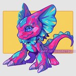 1:1 bandai_namco blue_eyes bow_tie claws digimitsu digimon digimon_(species) digimon_liberator elizamon feral frill_(anatomy) head_crest head_frill membrane_(anatomy) membranous_frill pink_body pink_scales scales smile solo