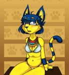 absurd_res animal_crossing ankha_(animal_crossing) anthro bikini blue_eyes blue_hair bodily_fluids clothing domestic_cat felid feline felis female fur hair hi_res mammal markings navel navel_piercing nintendo paul_0w0 piercing sitting solo striped_markings striped_tail stripes sweat sweatdrop swimwear tail tail_markings two-piece_swimsuit yellow_body yellow_fur