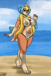 2024 anthro bear213 blue_eyes blue_hair breasts clothed clothing digital_media_(artwork) english_text female floatzel generation_4_pokemon hair hi_res nintendo outside pokemon pokemon_(species) pokemorph rayshina_auromaria short_hair skimpy solo standing text toony walking