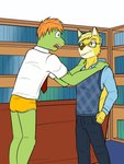 2018 amphibian anthro blaise_(fuze) book bookshelf bottomwear briefs clothed clothing duo eyewear frog furniture fuze glasses green_body hair hi_res male male/male mammal necktie pants rodent sciurid shirt size_difference sweater topwear tree_squirrel underwear yellow_briefs yellow_clothing yellow_underwear