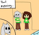 2021 anthro asriel_dreemurr bottomwear bovid brown_bottomwear brown_clothing brown_hair brown_pants caprine chara_(undertale) child clothing coat door english_text female fluffy_ears footwear fur goat green_clothing green_coat green_topwear group hair half-closed_eyes happy hi_res human inside light_body light_skin lightningb0lt01 long_hair male mammal narrowed_eyes pain pants paws question_mark short_hair simple_background smile socks standing tan_background text topwear toriel trio undertale undertale_(series) white_body white_clothing white_footwear white_fur white_socks young young_anthro young_human young_male