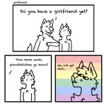 1:1 2023 3_panel_comic absurd_res anthro awkward bodily_fluids canid canine canis chest_tuft closeted comic dialogue dot_eyes duo elbow_bump english_text fur hi_res humor lgbt_pride male mammal meme pride_colors rainbow_pride_colors smile stinkycoobs sweat sweatdrop text tuft wolf