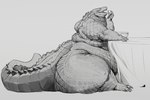 ambiguous_gender anthro belly big_belly big_butt bowl butt claws container crocodilian digital_media_(artwork) eyes_closed fat_rolls food furniture greyscale love_handles monochrome nude obese obese_ambiguous obese_anthro open_mouth open_smile overweight overweight_ambiguous overweight_anthro pearybear reptile scales scalie sitting smile solo table tail tail_ridge thick_tail thick_thighs toe_claws wide_hips