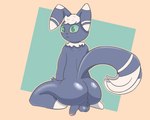 anthro big_butt blue_body butt femboy generation_6_pokemon genitals green_eyes looking_at_viewer looking_back male meowstic nintendo penis pokemon pokemon_(species) simple_background sodacrumble solo tail