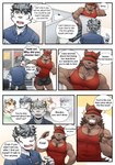 anthro boss_(gym_pals) bottomwear canid canine canis clothing comic dialogue english_text felid gym_pals h155296 hat headgear headwear hi_res male mammal myosotis_(gym_pals) pal_(gym_pals) pantherine shirt shorts tank_top text tiger topwear wolf