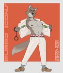 2024 anthro artist_name barazoku border bottomwear canid canine canis clothed clothing cuff_(restraint) dreamworks english_text eyebrows footwear fur handcuffs hi_res looking_at_viewer male mammal metal_cuffs money mr._wolf_(the_bad_guys) muscular muscular_anthro muscular_male narrowed_eyes navel nipples open_clothing open_shirt open_topwear outcast-stars pants pecs pinup pose red_background restraints shirt shoes simple_background smile smirk socks solo standing suit teeth text the_bad_guys toothy_grin topwear tuft white_border wolf