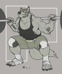 2017 abs absurd_res anthro athletic_wear bandage belt biceps big_muscles bodily_fluids body_writing bottomwear bulge canid canine canis claws clenched_teeth clothed clothing crouching dripping_text english_text exercise feet foot_wraps fur grey_body grey_eyes grey_fur grey_nipples grey_nose hi_res knee_pads lucha_libre_mask luchador male mammal mask muscular muscular_anthro muscular_male nightterror nipples obliques pants pecs shirt shorts solo sports_mask sportswear squats sweat tank_top teeth text text_on_body toe_claws topwear triceps weightlifting weights wolf workout wraps wrestler wrestling_mask writing_on_arm