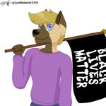 1:1 andromorph_(lore) anthro black_lives_matter blonde_hair brown_body brown_fur brown_markings canid canine canis clothed clothing digital_media_(artwork) dipstick_ears domestic_dog ear_markings flag flag_(object) fur german_shepherd hair herding_dog hi_res holding_flag holding_object hybrid jackson_(zer0rebel4) lol_comments looking_at_viewer male mammal markings multicolored_ears pastoral_dog politics purple_eyes solo sweater tan_body tan_fur topwear trans_(lore) trans_man_(lore) trash_can wolf zer0rebel4