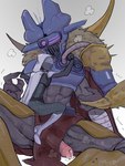 abs ambiguous_gender armor blush bottomwear claws clothing destiny_(video_game) digital_drawing_(artwork) digital_media_(artwork) eater_ssc eliksni erection finger_claws hi_res loincloth mask mithrax not_furry simple_background size_difference white_background