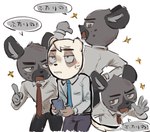 aggretsuko anai_(aggretsuko) annoyed anthro badger cellphone clothed clothing cross-popping_vein duo electronics haida_(aggretsuko) hi_res hyena japanese_badger japanese_text male mammal meles mustelid musteline necktie phone rusjerry sanrio simple_background smartphone spotted_hyena text translation_request white_background