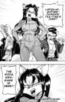 2018 alternative_fashion anteater anthro baseball_bat bat_(object) black_and_white breasts brush canid canine clothing comb_(brush) comic daigaijin dialogue dryer english_text female fox furryfight_chronicles greaser grin group hair_dryer hairbrush hi_res hyena jacket jumpsuit kalita_(furryfight_chronicles) leather leather_clothing leather_jacket leather_topwear long_snout male mammal monochrome pilosan pompadour profanity roda_kira smile snout striped_hyena text topwear xenarthran yelling zipper zipper_jumpsuit