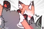 ambiguous_gender anthro black_body black_fur blush blush_lines canid canine duo feral fox fur grey_body grey_fur hi_res inner_ear_fluff iradeon logo mammal motion_lines nia_(senz) orange_body orange_fur patreon pawpads paws pounce sean_(senz) senz simple_background text tuft url white_body white_fur