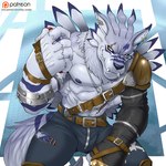 1:1 2015 abs anthro bandai_namco digimon digimon_(species) male muscular muscular_anthro muscular_male nipples pecs sollyz solo surgical_suture weregarurumon