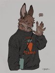 anthro clothing electronics english_text hi_res lagomorph leporid male mammal mucknagabe phone rabbit solo speech_bubble sweater text text_on_clothing text_on_sweater text_on_topwear topwear