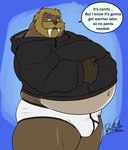 2020 anthro beard belly big_belly black_clothing black_hoodie black_topwear briefs brown_body brown_hair bulge clothed clothing deadanthro english_text facial_hair hair henri_(deadanthro) hoodie hoodie/briefs_meme looking_at_viewer male mammal marine navel obese obese_anthro obese_male overweight overweight_anthro overweight_male pinniped simple_background solo speech_bubble text topwear tusks underwear walrus white_briefs white_clothing white_underwear