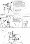 2023 4_fingers anthro bed bernielover bernielover's_college_au blush bottomwear breasts canid canine claws clothed clothing comic cuddling dialogue disney duo english_text female finger_claws fingers fox fur furniture group hi_res humanoid_hands judy_hopps lagomorph leporid male male/female mammal monochrome nick_wilde pants rabbit red_fox shirt shorts sitting smile speech_bubble tank_top text topwear true_fox watching_television zootopia