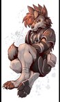 2024 armor brown_body brown_fur canid canine canis chef_uniform claws clothed clothing eye_scar facial_scar fangs feet foot_focus fur generation_7_pokemon kredri leather leather_armor leather_clothing lycanroc male mammal midnight_lycanroc nim_(razim) nintendo orange_eyes pawpads paws pokemon pokemon_(species) relaxing sabertooth_(anatomy) scar semi-anthro tail tan_body tan_fur teeth toe_claws