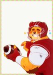 2022 absurd_res arm_tuft ball bear biceps blush booboo34 border brown_hair checkered_border claws clothing elbow_tuft eyes_closed finger_claws football_helmet football_jersey football_uniform forearm_muscles fur furgonomic_helmet gloves gobert_krasimir gridiron_ball hair handwear hi_res holding_ball holding_object looking_at_viewer looking_back looking_back_at_viewer male mammal orange_body orange_fur pawpads red_clothing red_gloves red_handwear red_helmet red_jersey red_topwear smile solo topwear tuft ursine wristband