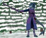 absurd_res anthro armor armored_body aydaharart blue_body blue_eyes blue_hair blue_scales blue_skin bottomwear claws clothing female fish forest hair hi_res marine melee_weapon plant scales shark shark_tail skirt snow solo spruce sword tree warrior weapon