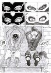 2015 ankle_cuffs anthro barefoot bdsm bear belt belt_buckle black_and_white bondage bottomwear bound brick_wall buckle canid canine canis clothed clothing collar comic cuff_(restraint) dialogue dlpeattie don_solletico dungeon duo english_text eternal.knot exclamation_point executioner_hood feet fingers five_frame_image foot_focus fur group hi_res humanoid_feet humanoid_hands inside loincloth loincloth_only looking_down male mammal monochrome muscular muscular_anthro muscular_male nipples pants pants_only paws plantigrade pointy_ears prick_ears raised_arm restraints round_ears sitting snout speech_bubble text topless topless_anthro topless_male waking_up wall_(structure) wolf wrist_cuffs zharr_j_wolf