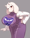 2024 anthro big_breasts biped boss_monster_(undertale) breasts clothed clothing digital_media_(artwork) eyelashes female fur grey_background hi_res huge_breasts looking_at_viewer mature_female pupils purple_clothing red_eyes simple_background solo son2j toriel undertale_(series) white_body