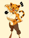 2024 anthro areola areola_slip big_breasts blush bodily_fluids breasts dialogue dreamworks ellipsis felid female fur hand_on_hip hands_behind_head hi_res high-angle_view huge_breasts huhujujuy kung_fu_panda looking_at_viewer looking_up mammal markings master_tigress navel nipples pantherine solo striped_body striped_fur striped_markings striped_tail stripes sweat tail tail_markings tiger