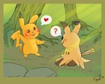 5:4 blush cleft_tail dialogue duo female forest generation_1_pokemon generation_7_pokemon krazyelf male mimikyu nintendo outside pikachu plant pokemon pokemon_(species) tail tree yellow_body