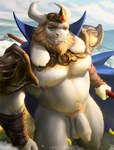 2022 anthro armor asgore_dreemurr balls barazoku beard belly big_muscles blonde_hair body_hair boss_monster_(undertale) bovid bracers cape caprine chest_hair clothing crown detailed_background drawller eyebrows facial_hair flaccid foreskin fur genitals goat grass hair happy_trail headgear hi_res holding_object holding_pitchfork holding_tool horn huge_muscles humanoid_genitalia humanoid_penis long_ears long_foreskin looking_at_viewer male mammal melee_weapon musclegut muscular muscular_anthro muscular_male navel nipples nude outside pauldron pecs penis pitchfork plant pubes solo standing tools tuft unconvincing_armor undertale undertale_(series) unretracted_foreskin weapon