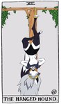 absurd_res anthro bdsm blindfold card collar female helluva_boss hi_res loona_(helluva_boss) major_arcana selfdestructking simple_background solo tarot tarot_card the_hanged_man_(tarot) upside_down