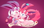 2023 absurd_res birthday blue_eyes digital_media_(artwork) eeveelution english_text female feral generation_6_pokemon heart_symbol hi_res hug hugging_another hugging_from_behind male male/female nintendo one_eye_closed open_mouth pink_eyes pokemon pokemon_(species) purpleninfy signature simple_background smile sylveon text tongue white_body wink