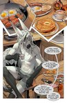 2022 5_fingers abs agita_(siberia-gravity) anthro bacon blue_eyes canid canine clothed clothing comic dialogue digital_media_(artwork) egg english_text eyebrows eyelashes fingers food hair hi_res male mammal meat okithau pancake solo text white_hair