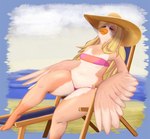 2024 ahoeforcoffee anthro avian bandeau_bikini beach beach_chair beak bikini bird blonde_hair clothing eyes_closed feather_hands feathers female hair hat headgear headwear hi_res long_hair multicolored_body navel pink_bikini pink_clothing pink_swimwear simple_background sitting skimpy_bikini slightly_chubby solo swimwear topwear two-piece_swimsuit two_tone_body underwear