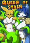 2020 absurd_res anthro armor bandai_namco bdsm black_sclera blue_body blue_eyes bodily_fluids bondage bottomwear bound breasts canid canine clothed clothing collar comic convenient_censorship cover cover_art cover_page crimellgrim crossover digimon digimon_(species) duo english_text featureless_breasts female fox green_eyes grope hi_res jewelry joykill krystal_(star_fox) loincloth mammal navel nintendo open_mouth pendant renamon smile star_fox super_smash_bros. sweat tentacles text topless tuft white_body yellow_body