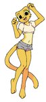 2024 3_toes anthro barefoot binary_drawing bottomwear claws clothing dakimakura domestic_cat duo fangs feet felid feline felis female filthypally finger_claws fur hi_res katia_managan khajiit looking_at_viewer mammal microsoft midriff open_mouth open_smile paws plantigrade prequel_adventure shorts simple_background smile tail teeth the_elder_scrolls toes white_background yellow_body yellow_fur