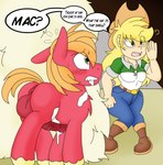 2018 after_transformation animal_genitalia animal_penis applejack_(mlp) big_macintosh_(mlp) blackbewhite2k7 blush bodily_fluids clothing comic cowboy_hat digital_media_(artwork) drooling earth_pony equid equine equine_genitalia equine_penis female feral footwear friendship_is_magic fur genitals green_eyes hasbro hat headgear headwear hi_res hooves horse human male mammal my_little_pony penis pony red_body red_fur saliva shoes sweat text