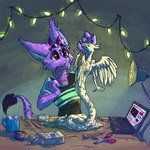 absurd_res anthro computer doran_(prettyparty) dragon earth_dragon electronics hi_res inside laptop male male_anthro multiple_piercings mythological_creature mythological_scalie mythology piercing prettyparty purple_body scalie sculpture solo string_lights trans_(lore) trans_man_(lore)