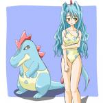 1:1 alternate_species animal_humanoid breasts clothing costume crocodilian croconaw duo female feral generation_2_pokemon hair humanoid humanoidized long_hair low_res nintendo one-piece_swimsuit pokemon pokemon_(species) pokemon_costume pokemon_humanoid pokemorph ranphafranboise reptile scalie swimwear