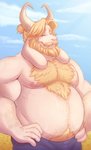 anthro arm_hair asgore_dreemurr beard belly blonde_hair blue_bottomwear blue_clothing blue_pants blue_sky body_hair boss_monster_(undertale) bottomwear bovid caprine chest_hair clothed clothing cloud eyes_closed facial_hair flower fur hair hands_on_hips hi_res horn male mammal mature_anthro mature_male moobs musclegut muscular muscular_anthro muscular_male mustache nipples outside overweight overweight_anthro overweight_male pants plant sky solo thediyemi topless undertale undertale_(series) white_body white_fur