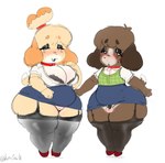 animal_crossing balls big_breasts big_butt black_text blush bottomwear breasts brown_body brown_fur butt canid canine canis chastity_cage chastity_device clothed clothing crossdressing digby_(animal_crossing) dipstick_tail domestic_dog female femboy fur genitals hi_res huge_breasts huge_butt huge_thighs hyper hyper_thighs isabelle_(animal_crossing) kofesmilk mammal markings nintendo open_mouth pussy sibling_(lore) simple_background skirt tail tail_markings text thick_thighs twins_(lore) watermark white_background white_tail_tip yellow_body yellow_fur