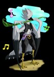 absurd_res alpha_channel anthro avian bird black_body black_feathers claws clothing feathers female flute gold_(metal) happy hi_res musical_instrument solo white_body white_feathers wind_instrument woodwind_instrument youmadsin