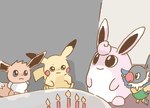 2019 ambiguous_gender beak blue_eyes brown_body candle chatot eevee generation_1_pokemon generation_4_pokemon get_it_go group neck_tuft nintendo pikachu pink_body pokemon pokemon_(species) red_cheeks sitting tuft wigglytuff yellow_body