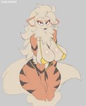 2022 anthro arcanine big_breasts biped blue_eyes breasts canid canine clothed clothing cooliehigh female generation_1_pokemon glistening glistening_breasts grey_body huge_breasts looking_at_viewer mammal nintendo orange_body pokemon pokemon_(species) sagging_breasts simple_background skimpy solo thick_thighs