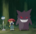 ambiguous_gender ash's_pikachu ash_ketchum black_eyes bus_stop detailed_background digital_media_(artwork) duo_focus eyes_closed feral forest fur generation_1_pokemon gengar ghibli group jacky_(pixiv_288210) male mammal my_neighbor_totoro nintendo outside parody pikachu plant pokemon pokemon_(species) pokemon_trainer raining red_eyes rodent text totoro_bus_stop translated tree wood yellow_body yellow_fur