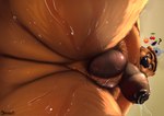 absurd_res anthro ball_tuft balls bear benny_(bennyafterdark) berngruff big_butt brown_body brown_fur butt draw_over emoji foreskin fur genitals hi_res humanoid_genitalia humanoid_penis inviting looking_at_viewer looking_down looking_down_at_viewer low-angle_view male mammal penis pubes question shower slightly_chubby solo thick_thighs tuft unretracted_foreskin water worm's-eye_view