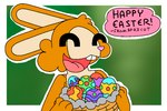 3:2 ambiguous_gender anthro apricot_(yare) basket buckteeth container easter easter_egg eyes_closed fur happy holding_container holding_object holidays lagomorph leporid male_(lore) mammal open_mouth orange_body orange_fur rabbit solo teeth text theenyface toony